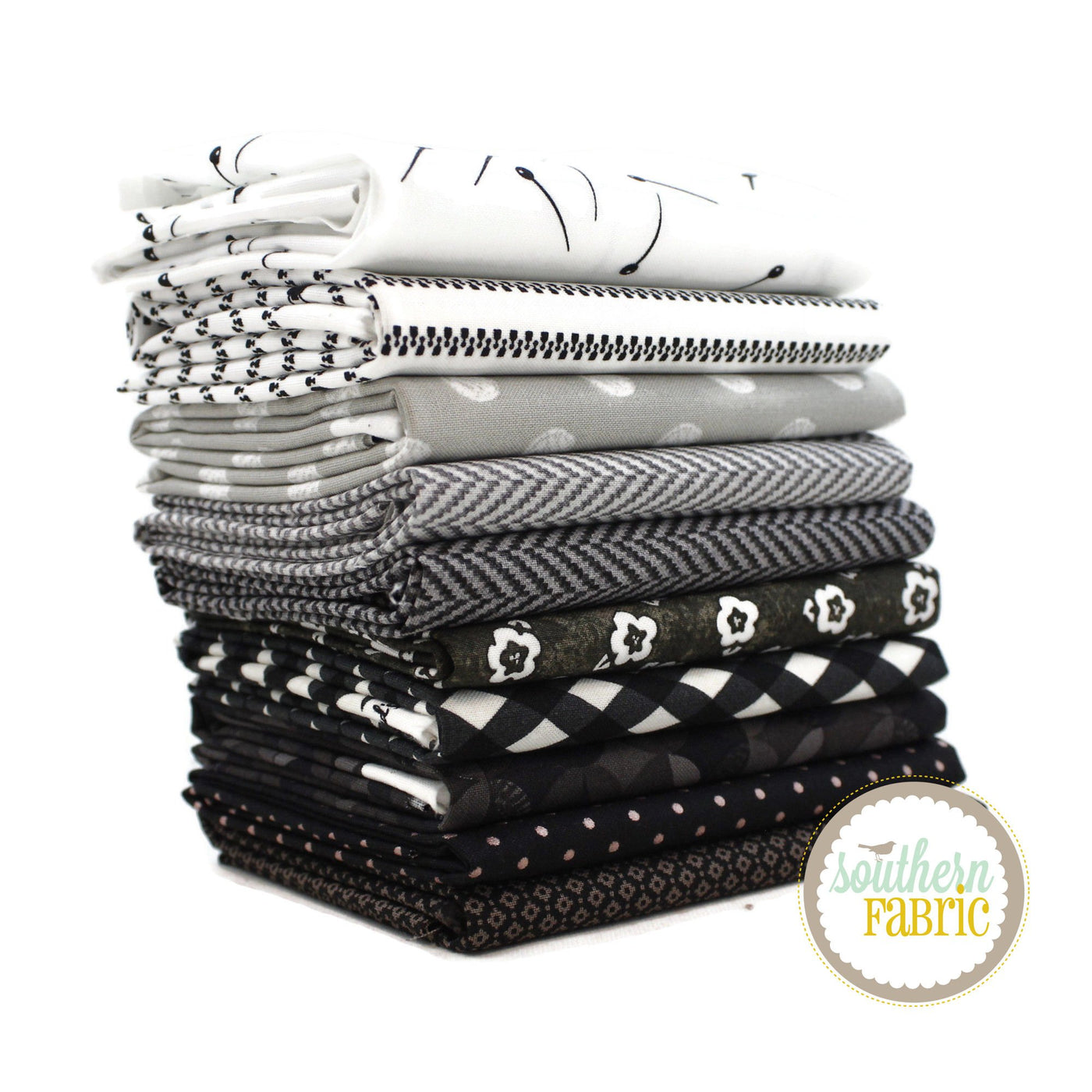 Black, White, and Grey Fat Quarter Bundle (10 pcs) by Mixed Designers for Southern Fabric