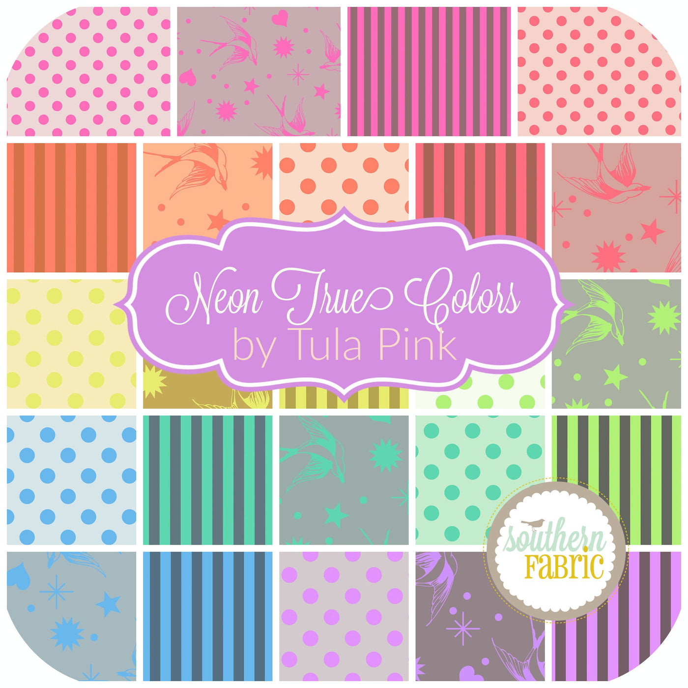 Neon True Colors Charm Pack (42 pcs) by Tula Pink for Free Spirit (FB6CPTP.NEONTRUE)